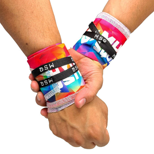 Gripzora Chromatic Burst wrist wraps, showing the unique design and providing superior stability for calisthenics and heavy weightlifting.