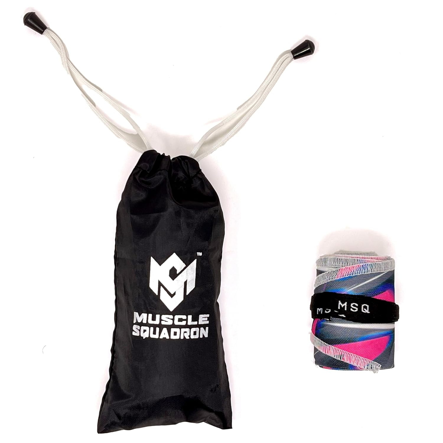 Gripzora Calisthenics Wrist Wraps in the Urban Streetwear design, displayed with their branded black drawstring carry bag.