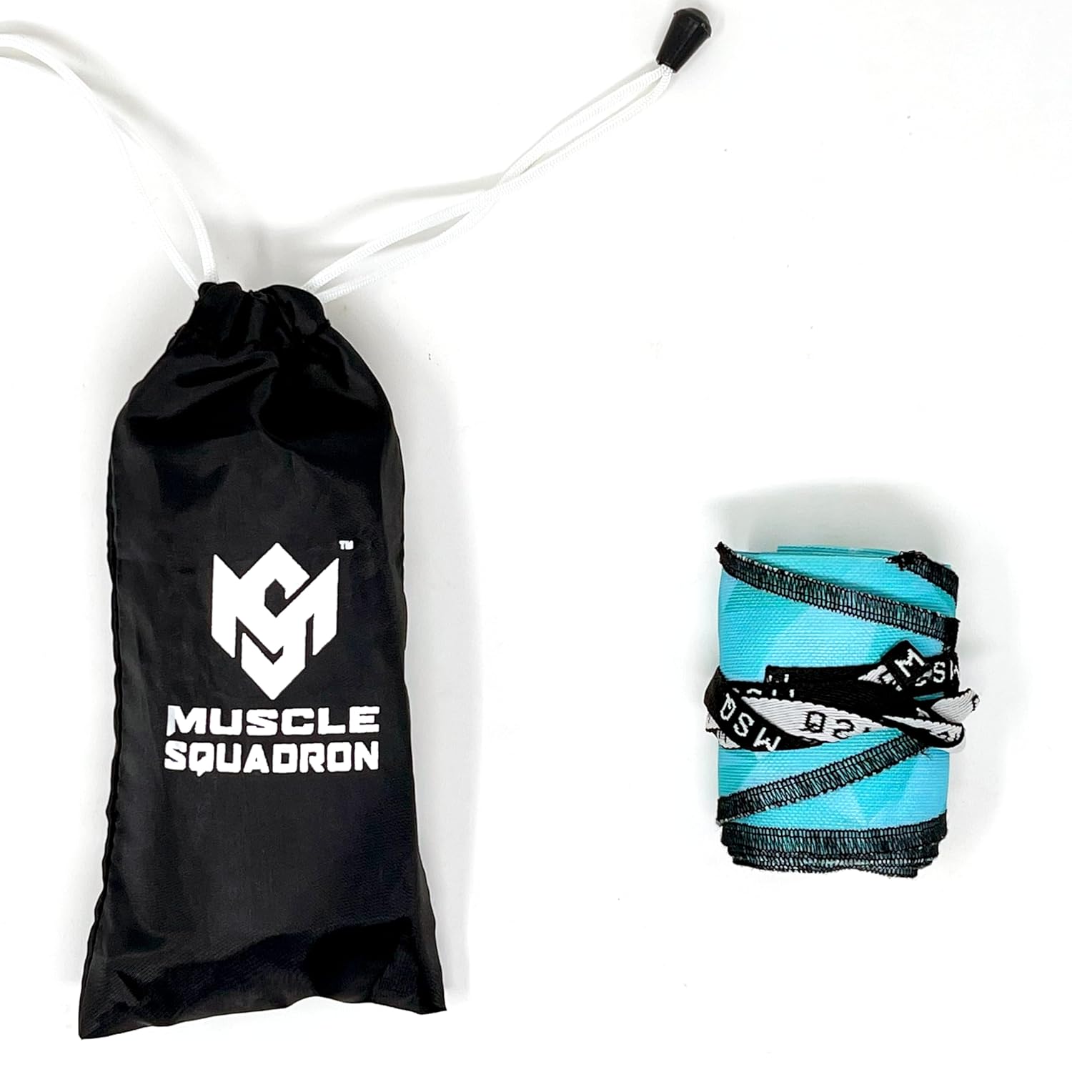 Gripzora Calisthenics Wrist Wraps in the Blue Streak design, displayed with their branded black drawstring carry bag.