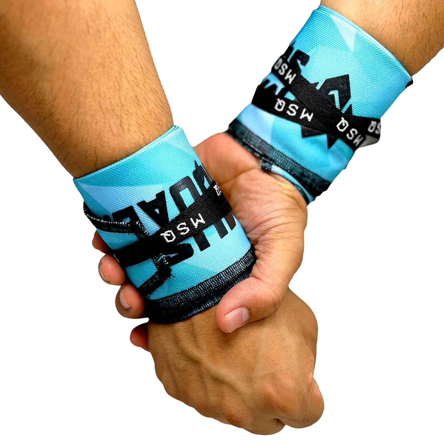 Gripzora Blue Streak wrist wraps, showing the unique design and providing superior stability for calisthenics and heavy weightlifting.