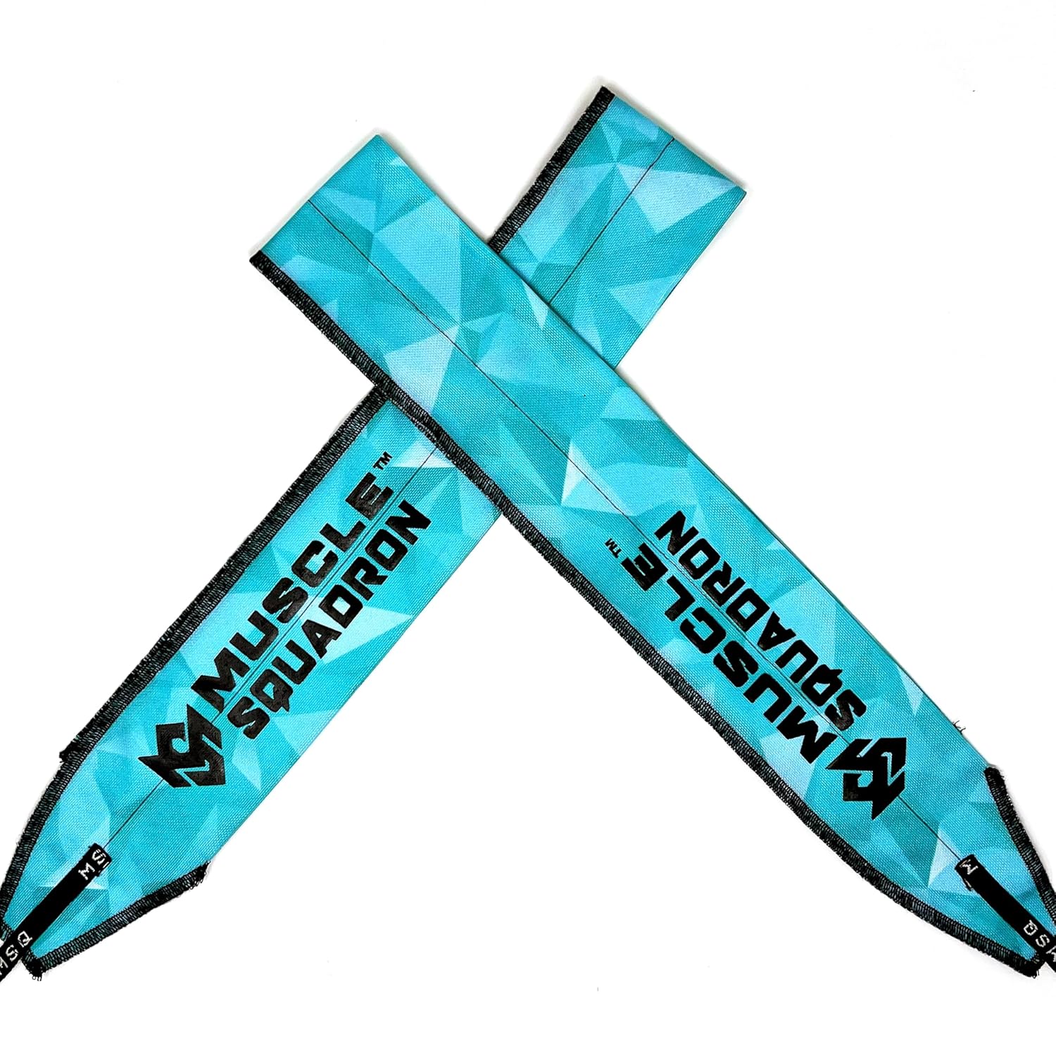 A pair of Gripzora Blue Streak wrist wraps, showing their unique geometric design and quality stitching for calisthenics and weightlifting.