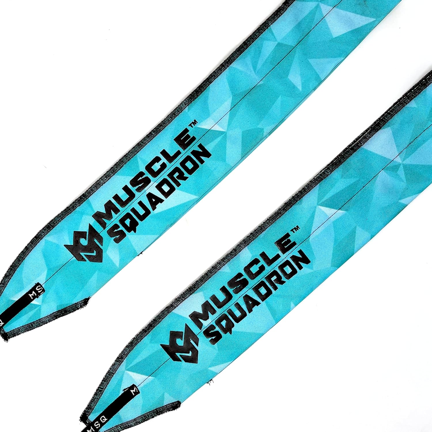 Close-up of Gripzora Blue Streak wrist wraps, highlighting their reinforced stitching and durable material for heavy calisthenics and weightlifting.