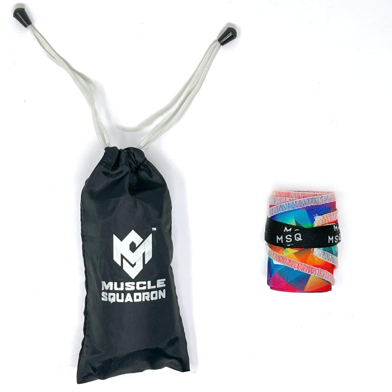 Gripzora Calisthenics Wrist Wraps in the Chromatic Burst design, displayed with their branded black drawstring carry bag.
