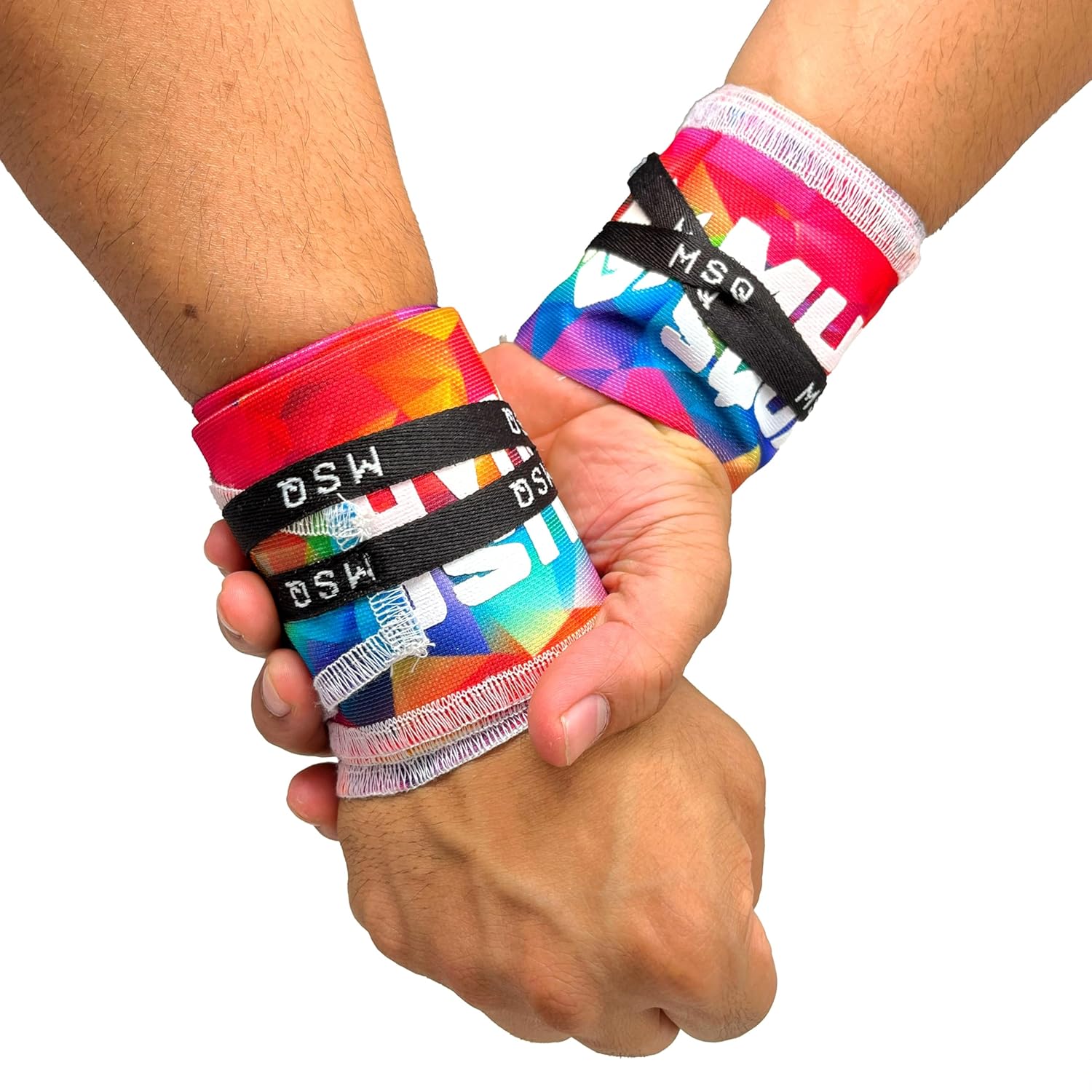 Gripzora Chromatic Burst wrist wraps, showing the unique design and providing superior stability for calisthenics and heavy weightlifting.