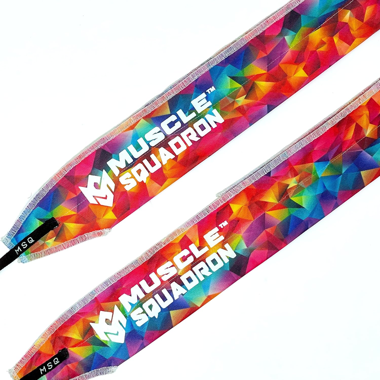 Close-up of Gripzora Chromatic Burst wrist wraps, highlighting their reinforced stitching and durable material for heavy calisthenics and weightlifting.