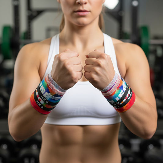 Female athlete wearing Gripzora Chromatic Burst wrist wraps, providing firm wrist support and stability for calisthenics, CrossFit, and weightlifting.