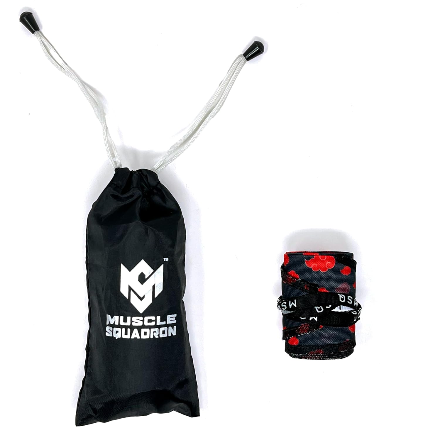 Gripzora Calisthenics Wrist Wraps in the Crimson Cloud design, displayed with their branded black drawstring carry bag.