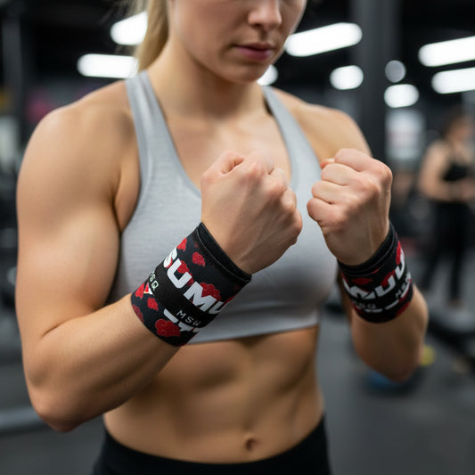 Female athlete wearing Gripzora Crimson Cloud wrist wraps, providing firm wrist support and stability for calisthenics, CrossFit, and weightlifting.