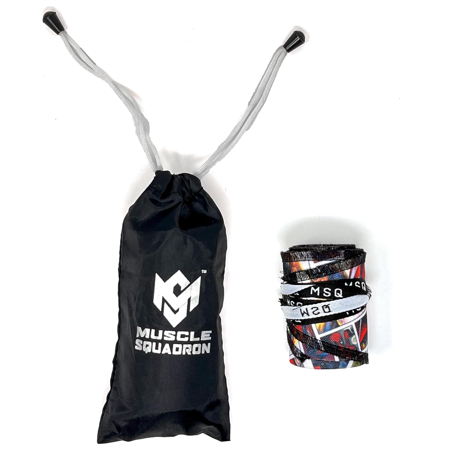 Gripzora Calisthenics Wrist Wraps in the Primal Matrix design, displayed with their branded black drawstring carry bag.
