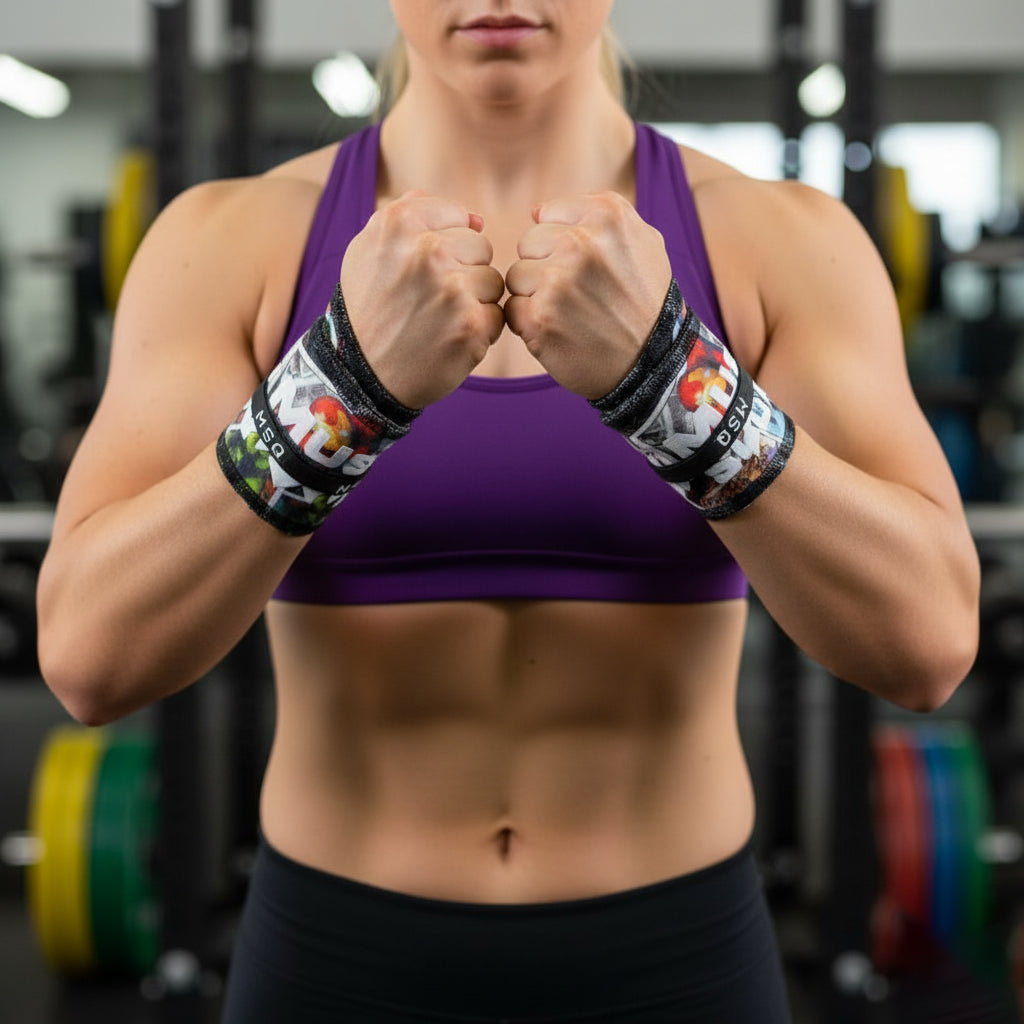 Female athlete wearing Gripzora Primal Matrix wrist wraps, providing firm wrist support and stability for calisthenics, CrossFit, and weightlifting.