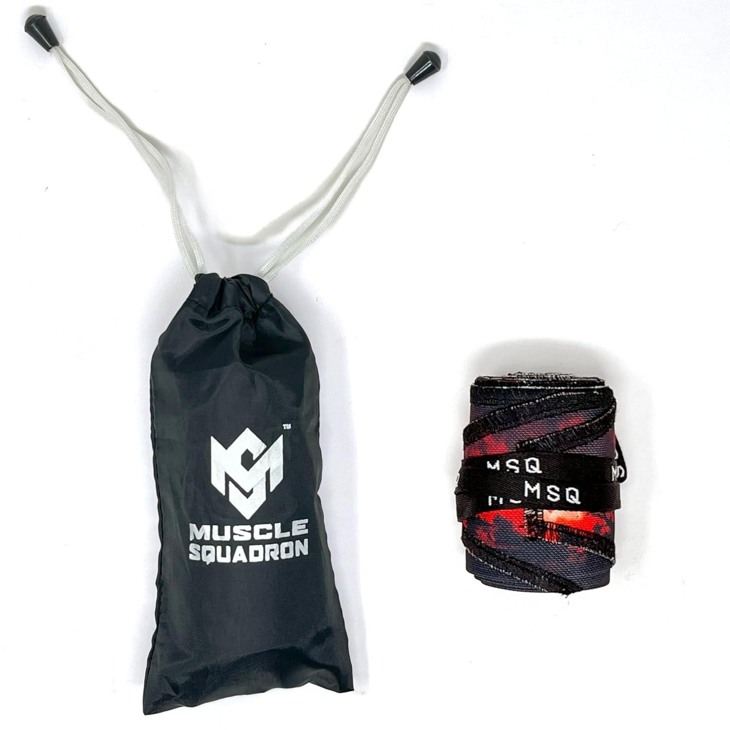 Gripzora Calisthenics Wrist Wraps in the Crimson Wave design, displayed with their branded black drawstring carry bag.
