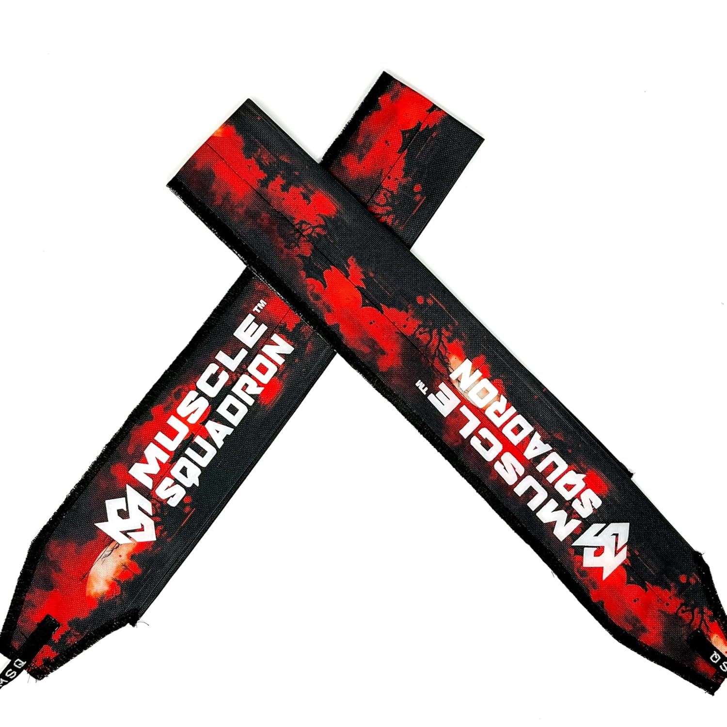 A pair of Gripzora Crimson Wave wrist wraps, showing their unique geometric design and quality stitching for calisthenics and weightlifting.