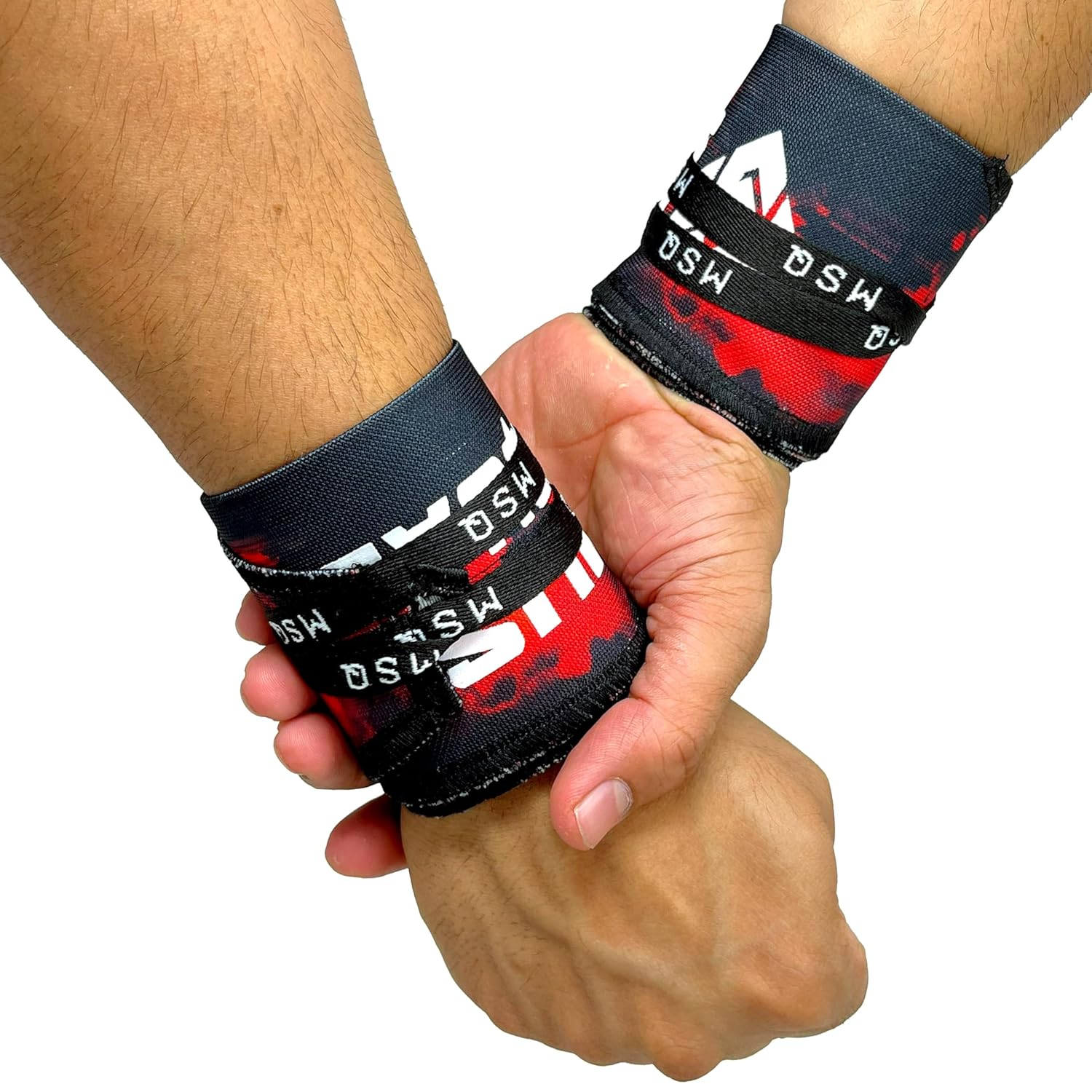 Gripzora Crimson Wave wrist wraps, showing the unique design and providing superior stability for calisthenics and heavy weightlifting.