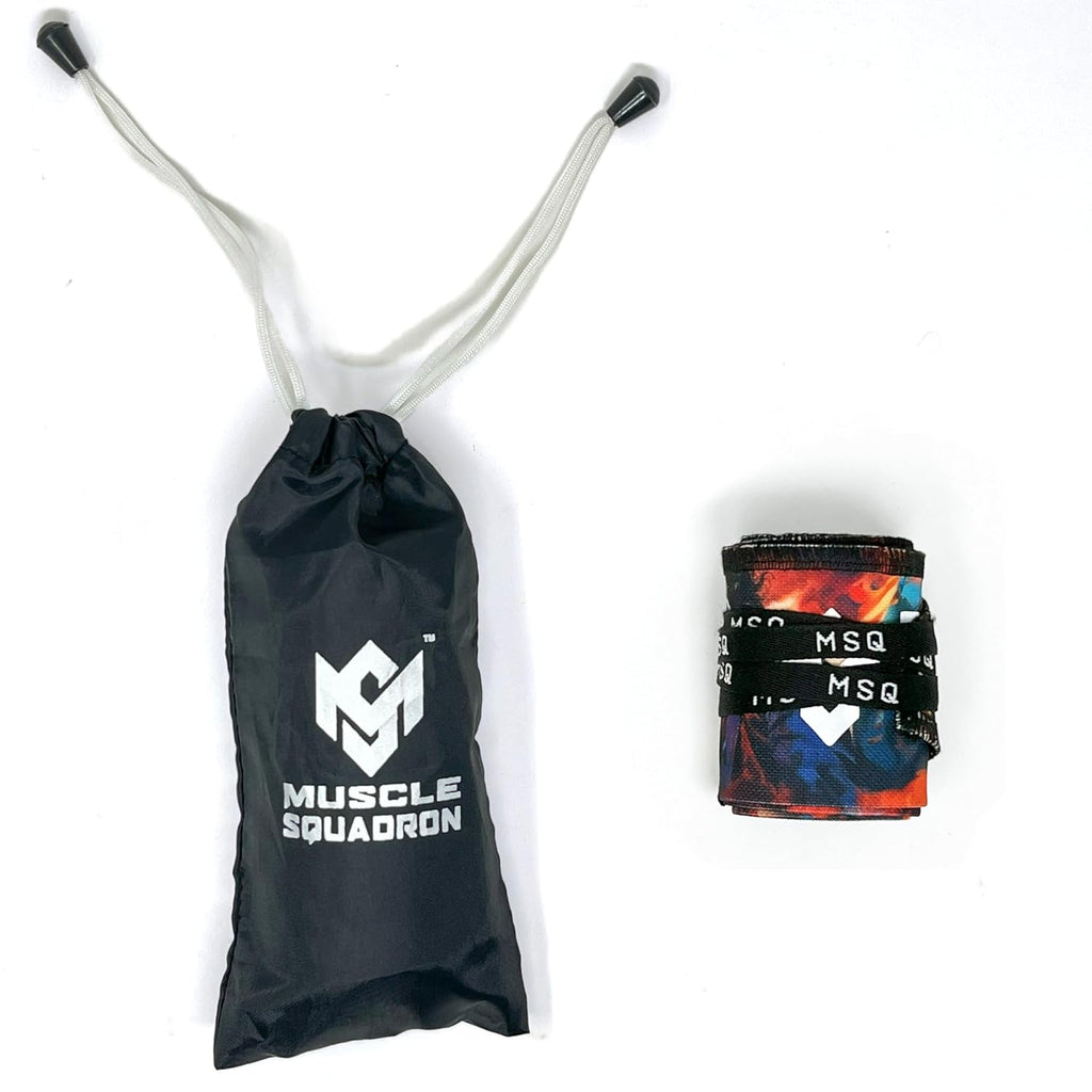 Gripzora Calisthenics Wrist Wraps in the Rogue Graffiti design, displayed with their branded black drawstring carry bag.