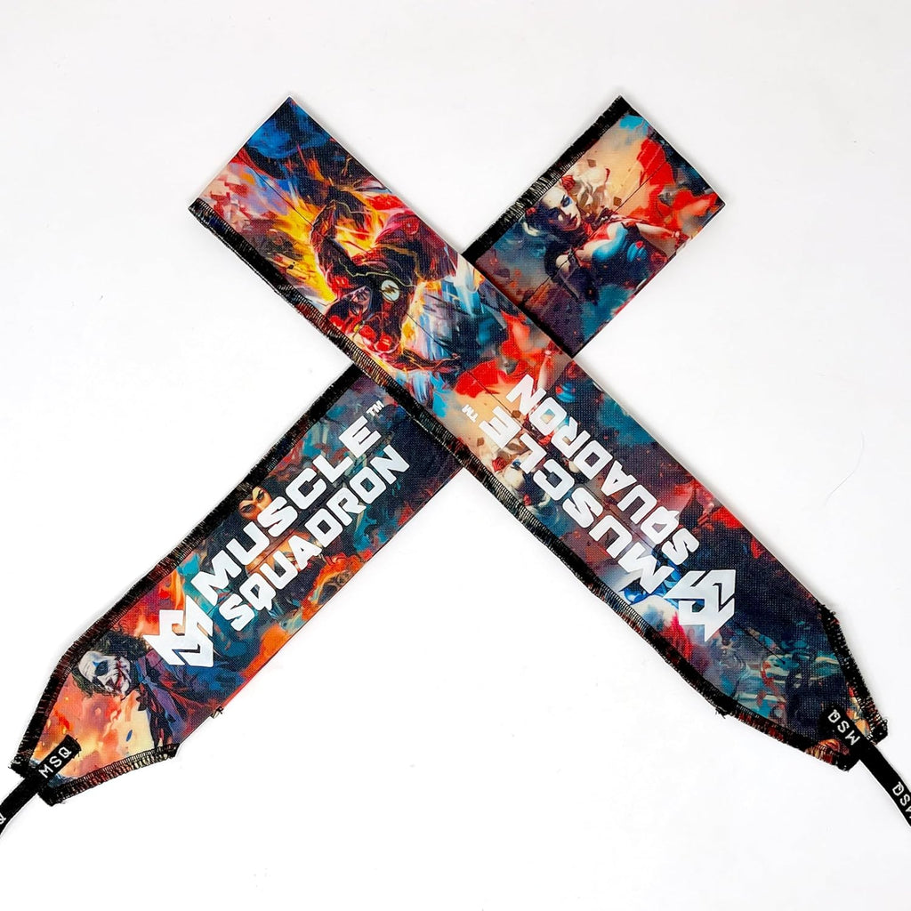 A pair of Gripzora Rogue Graffiti wrist wraps, showing their unique geometric design and quality stitching for calisthenics and weightlifting.