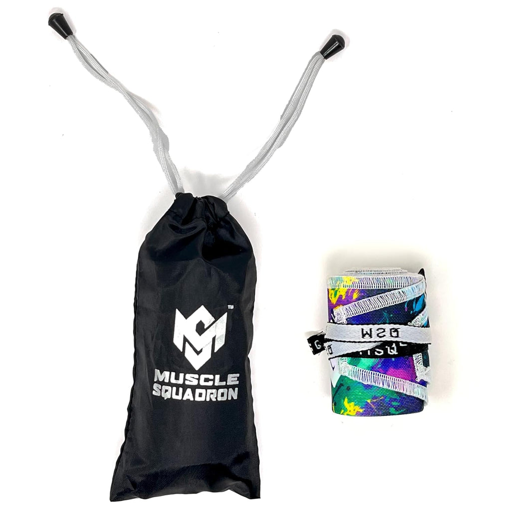 Gripzora Calisthenics Wrist Wraps in the Vandal Print design, displayed with their branded black drawstring carry bag.