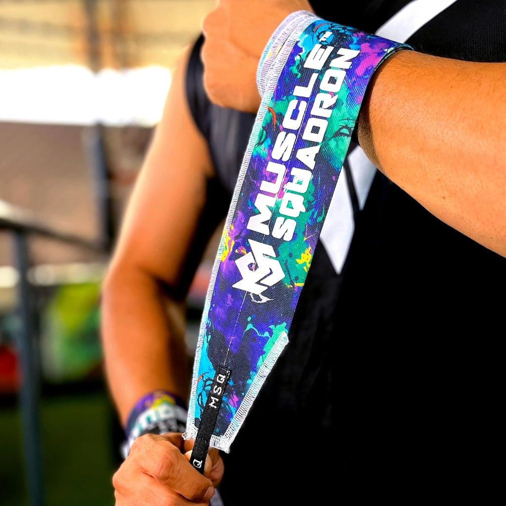 Close-up of a man's wrist, showing Gripzora's Vandal Print wrist wraps providing firm stability and support during a workout.