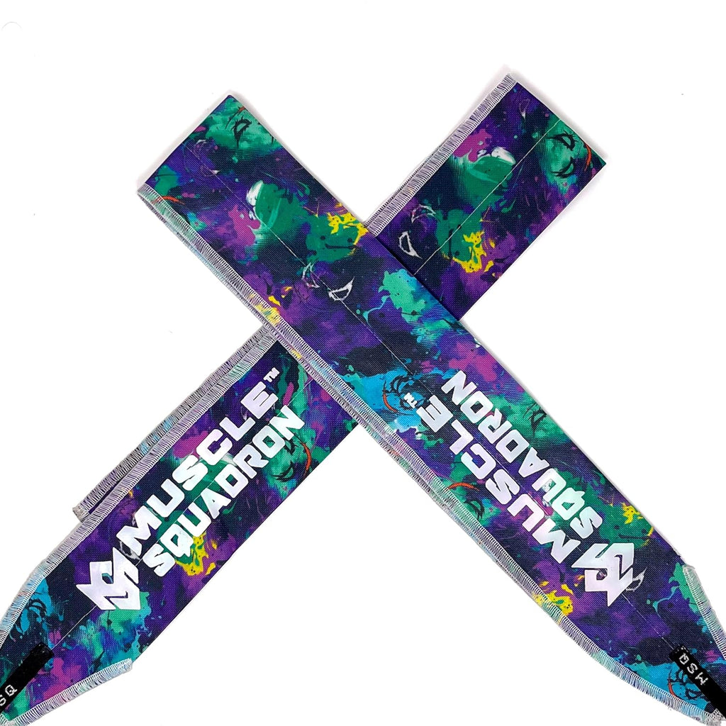 A pair of Gripzora Vandal Print wrist wraps, showing their unique geometric design and quality stitching for calisthenics and weightlifting.