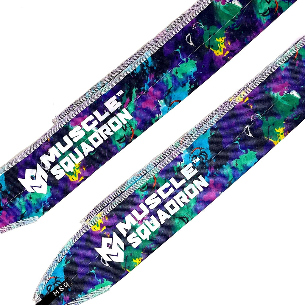 Close-up of Gripzora Vandal Print wrist wraps, highlighting their reinforced stitching and durable material for heavy calisthenics and weightlifting.