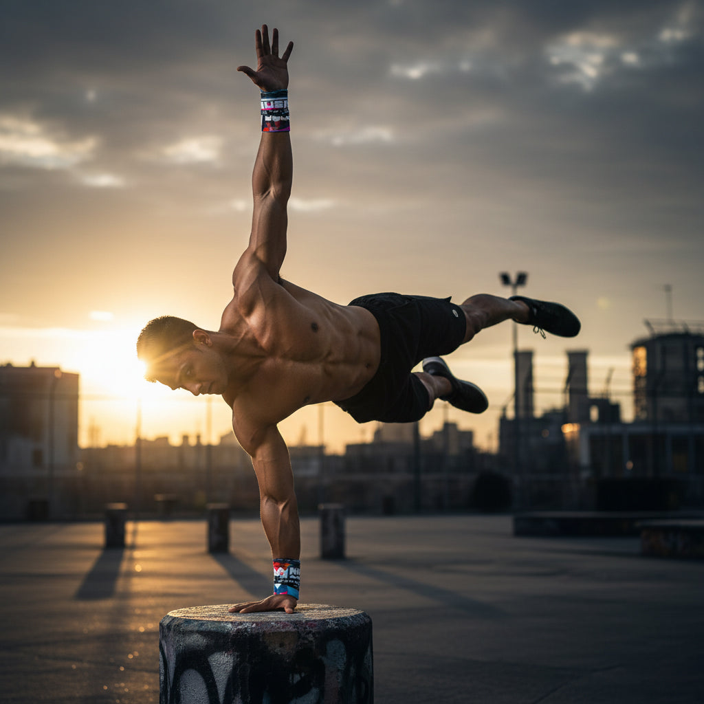 A male athlete in a one-arm handstand, wearing Gripzora wrist wraps for core stability and strength during a high-intensity outdoor calisthenics workout.