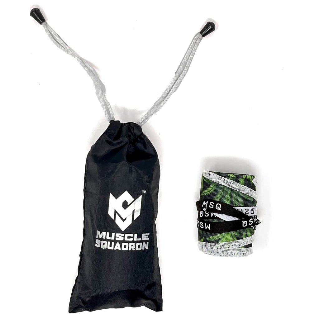 Gripzora Calisthenics Wrist Wraps in the Leafy Rush design, displayed with their branded black drawstring carry bag.