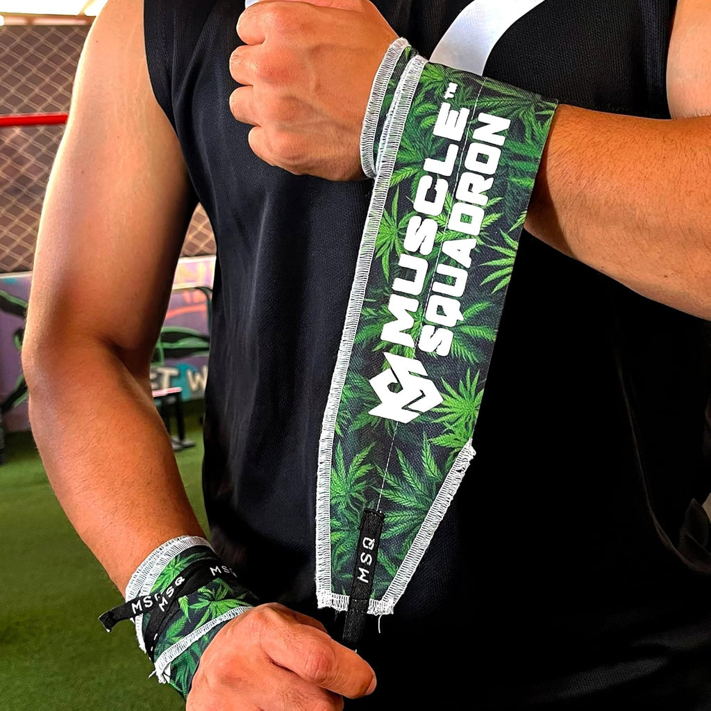 Close-up of a man's wrist, showing Gripzora's Leafy Rush wrist wraps providing firm stability and support during a workout.