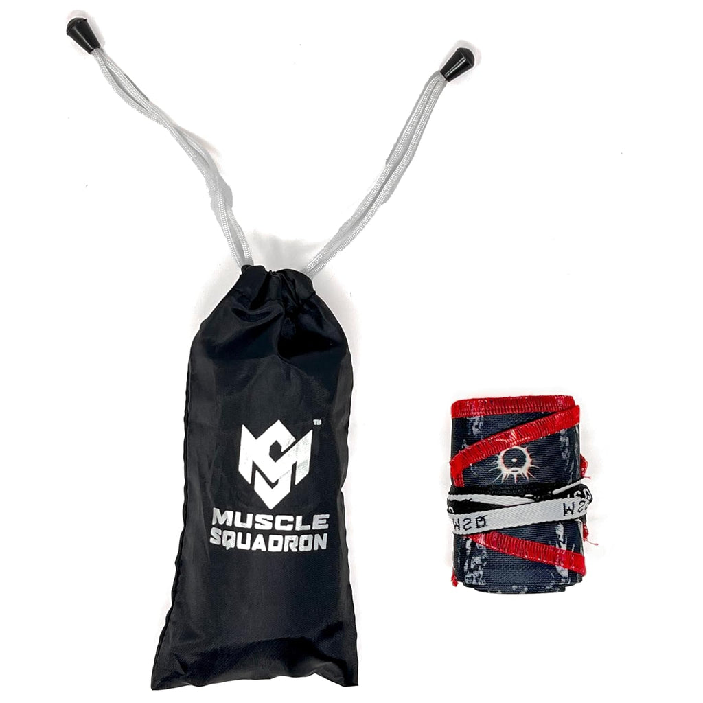 Gripzora Calisthenics Wrist Wraps in the Lunar Phase design, displayed with their branded black drawstring carry bag.