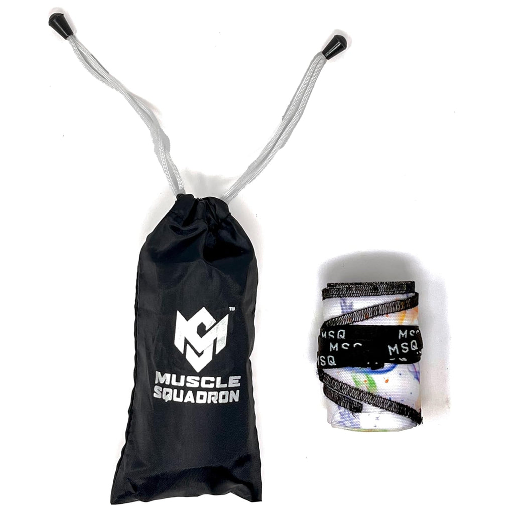 Gripzora Calisthenics Wrist Wraps in the Galaxy Bloom design, displayed with their branded black drawstring carry bag.