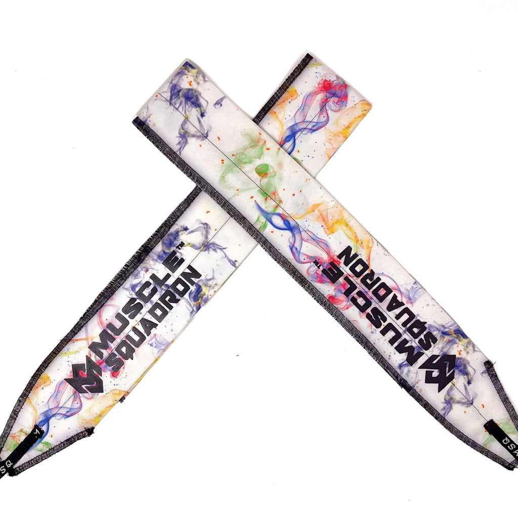 A pair of Gripzora Galaxy Bloom wrist wraps, showing their unique geometric design and quality stitching for calisthenics and weightlifting.