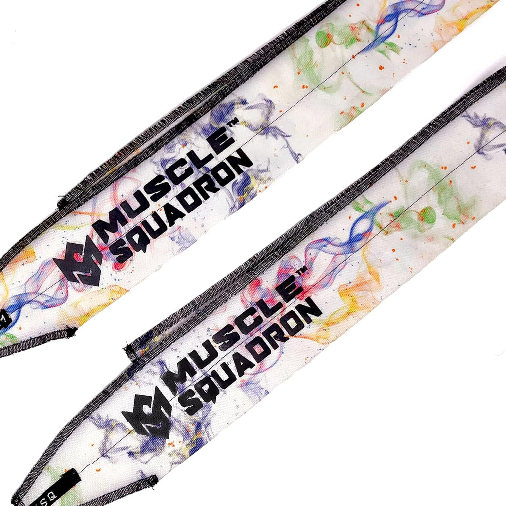 Close-up of Gripzora Galaxy Bloom wrist wraps, highlighting their reinforced stitching and durable material for heavy calisthenics and weightlifting.