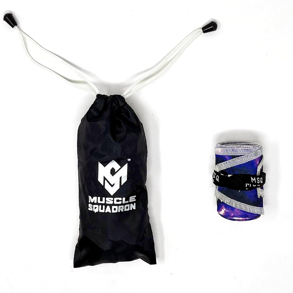 Gripzora Calisthenics Wrist Wraps in the Interstellar design, displayed with their branded black drawstring carry bag.