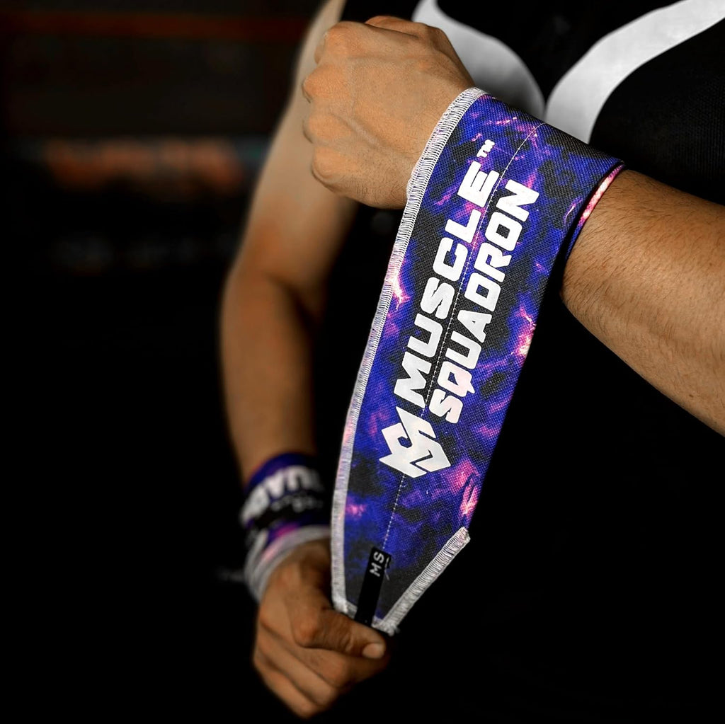 Close-up of a man's wrist, showing Gripzora's Interstellar wrist wraps providing firm stability and support during a workout.