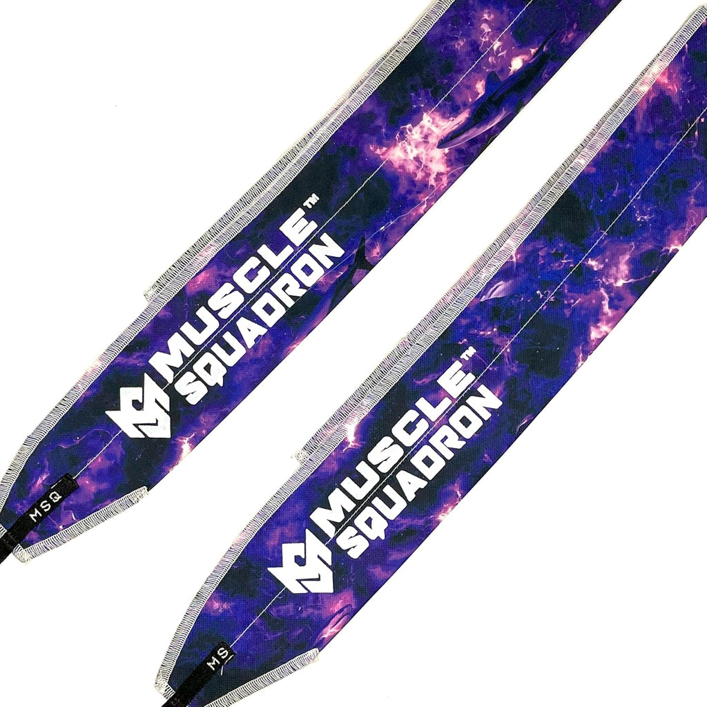 Close-up of Gripzora Interstellar wrist wraps, highlighting their reinforced stitching and durable material for heavy calisthenics and weightlifting.