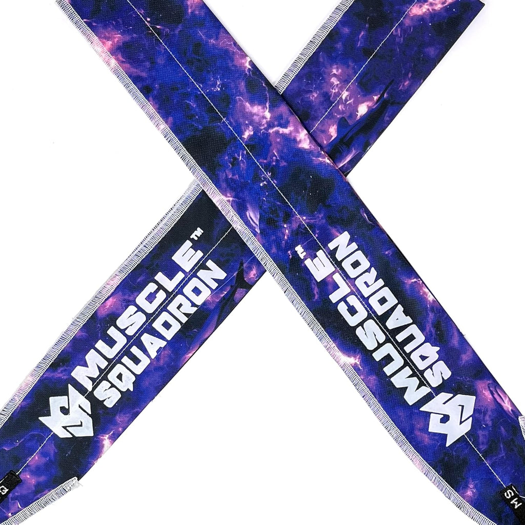 A pair of Gripzora Interstellar wrist wraps, showing their unique geometric design and quality stitching for calisthenics and weightlifting.