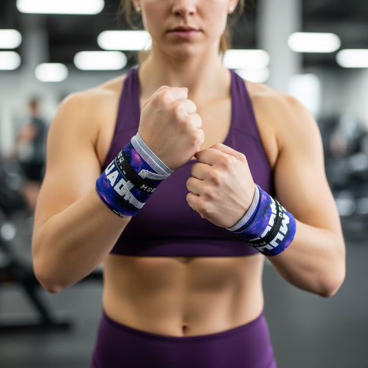Female athlete wearing Gripzora Interstellar wrist wraps, providing firm wrist support and stability for calisthenics, CrossFit, and weightlifting.