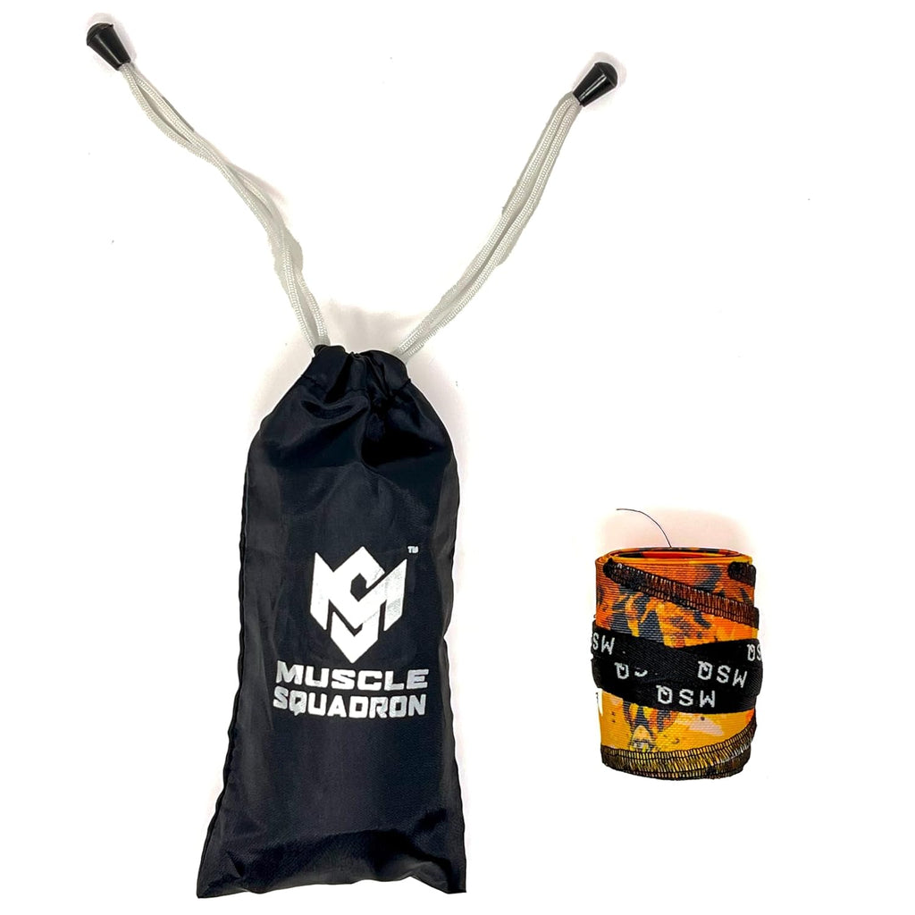 Gripzora Calisthenics Wrist Wraps in the Thunderball design, displayed with their branded black drawstring carry bag.