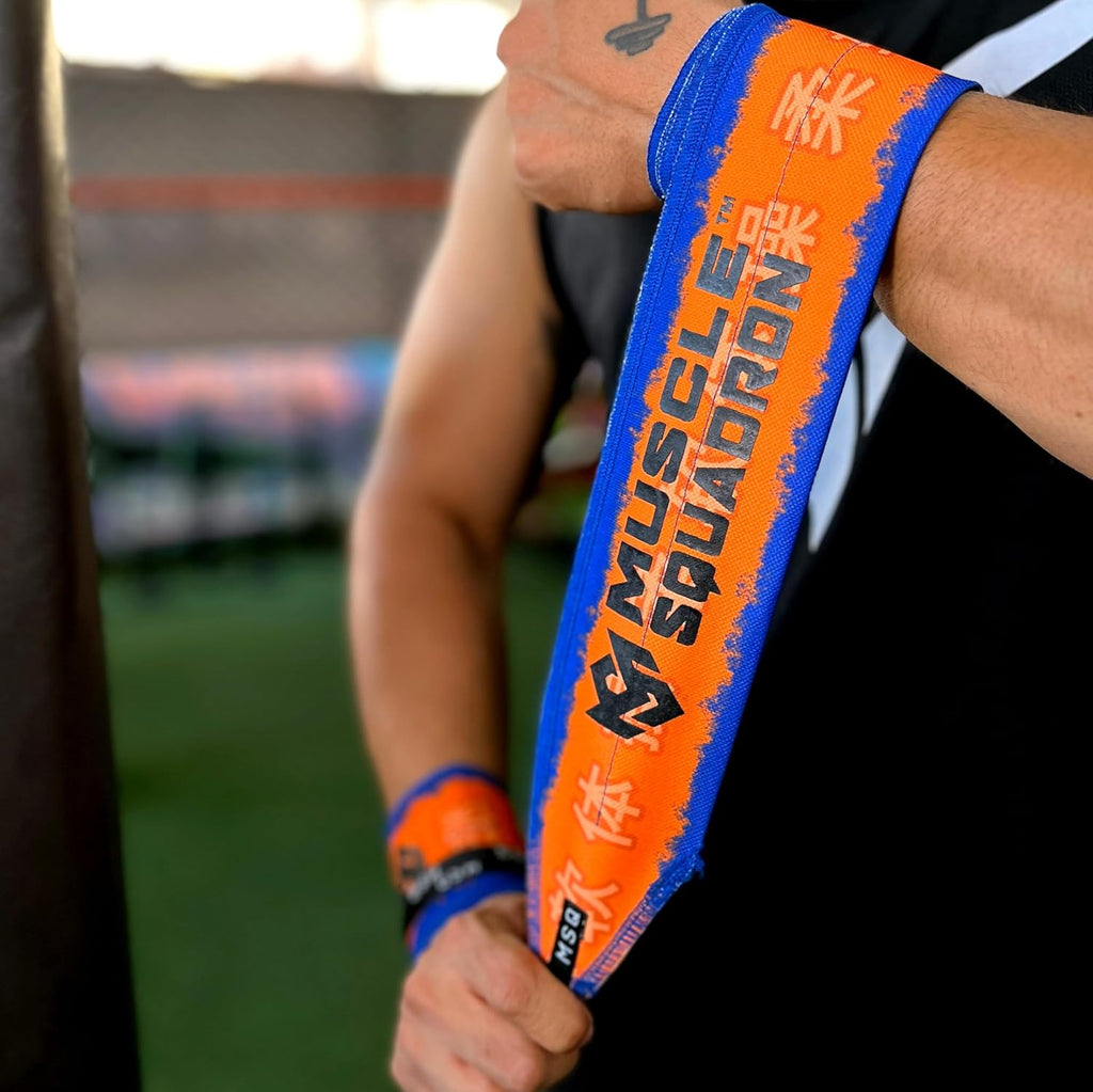 Close-up of a man's wrist, showing Gripzora's Thunderball wrist wraps providing firm stability and support during a workout.