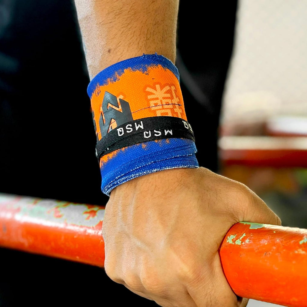 Close-up of a hand gripping a pull-up bar, wearing Gripzora Thunderball calisthenics wrist wraps for enhanced stability and injury prevention.